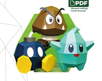 Characters Mario Papercraft 3D PDF Pattern & Template – Bob-omb Goomba Luma | Low Poly DIY Game Decor | Paper Model