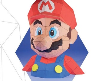Könnte beinhalten: Ein Papiermodell von Mario, der ikonischen Videospielfigur, mit roter Mütze, blauer Latzhose und gelbem Hemd. Das Modell ist 30 cm hoch, 26 cm breit und 25 cm tief und erfordert 75 Teile zum Zusammenbauen. Das Bild enthält den Text "BUST OF MARIO" und "Level: 👑👑👑👑👑".