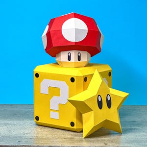 Super Mario Papercraft 3D PDF Pattern & Template – Star Mushroom Question Block | Low Poly DIY Game Decor image 2