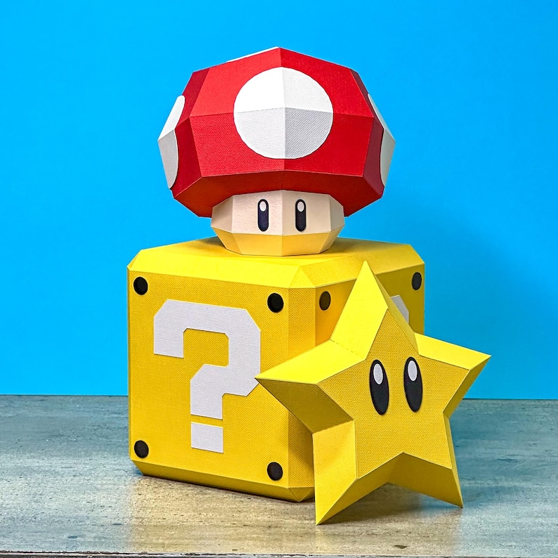 Super Mario Papercraft 3D PDF Pattern & Template – Star Mushroom Question Block | Low Poly DIY Game Decor image 2
