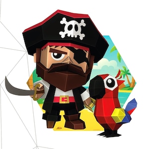 Peut inclure: Illustration 3D d'un pirate de dessin animé avec un chapeau noir, un cache-œil et une épée. Un perroquet rouge, jaune et bleu se tient à côté du pirate. Le pirate porte un manteau et des bottes noirs avec une boucle dorée.