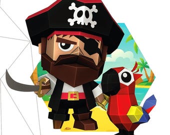 Pirate & Macaw Papercraft 3D Bundle – Pdf SVG DXF Templates | Low Poly Pepakura Models | DIY Decor for Party or Home