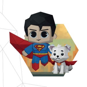 May include: A geometric illustration of Superman and his dog, both wearing capes. Superman is in a blue suit with a red cape and the iconic "S" logo. The dog is white with a red cape and the same logo.