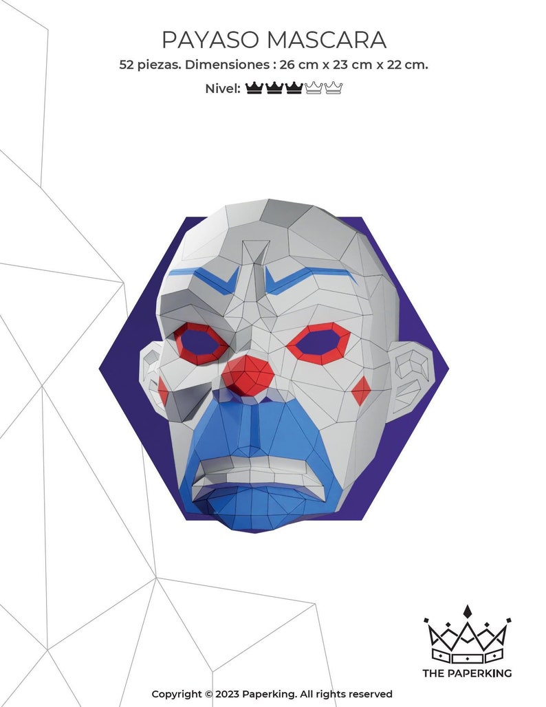 Joker Clown Mask Papercraft 3D, Pepakura Pdf Template Low Polygonal