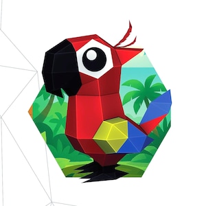Puede incluir: Ilustración geométrica de un loro rojo con pico negro y ojo blanco, sobre un fondo tropical dentro de un marco hexagonal. El loro presenta detalles amarillos y azules. La obra de arte tiene un efecto 3D.