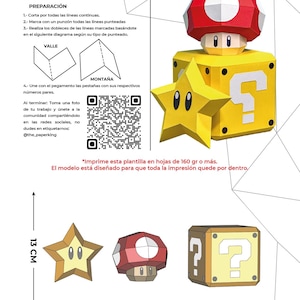 May include: A papercraft set featuring a red and white mushroom, a yellow star, and a yellow question mark block. The set includes instructions and dimensions in centimeters. The text on the image says "Paperking" and "Copyright &copy; 2026".