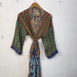 Unique Design Patchwork Women&#39;s Long Bathrobe . Bohemian Comfortable Relaxed Feel Fabric Kimono . Hippie Boho Long kimono With Two pockets .