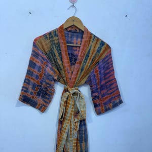 Bridesmaid Crepe Silk Short Kimono Robe + Boho Hippie Women Beach Cover up + Bohemian Beautiful Design Tie Dye Crepe Silk Patch Kimono Robe.