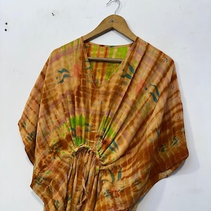 Boho Hippie Pure Silk Lounge Wear Beach Dress /Hand Tie Dye Kaftan Lightweight Summer Tunic / Bridesmaid Vacation Wear Oversized Kaftan /
