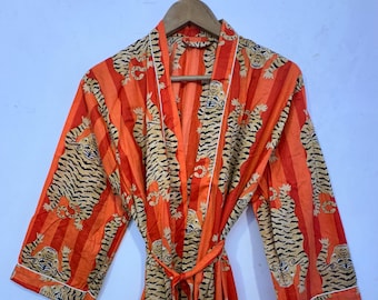 Tiger Print Cotton Kimono Robe, Summer Loungewear with Pockets