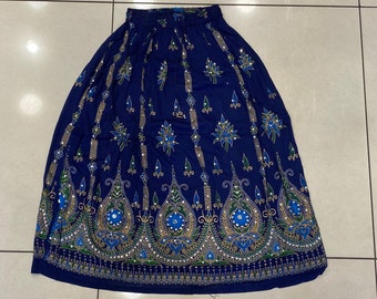 Falda bohemia con lentejuelas y flores para mujer, talla única, estilo gitano, elástica, larga, informal, azul, ideal como regalo.