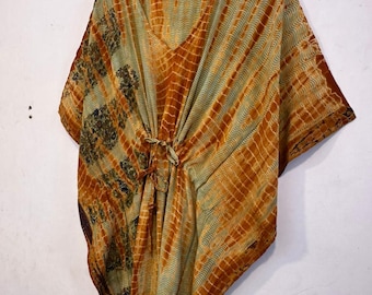 Hand Dyed Crepe Silk Kaftan Dress: Bohemian Tie Dye Cover Up