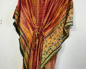 Boho Hippie Pure Silk Lounge Wear Beach Dress /Hand Tie Dye Kaftan Lightweight Summer Tunic / Bridesmaid Vacation Wear Oversized Kaftan /