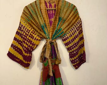 Crepe Silk Tie Dye Kimono Robe: Bohemian Patchwork Beach Cover-Up