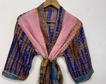 Silk Tie Dye Patchwork Kimono Robe: Bohemian Cardigan