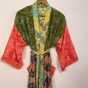 Patchwork Silk Sari Kimono Robe: Bohemian Hippie Loungewear