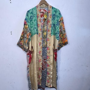Floral Printed Patchwork Women's Bathrobe - Handmade Bohemian Patchwork Kimono Robe - Recycled Silk Sari Summer Duster -
