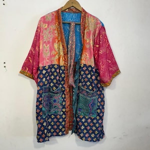 Boho Patchwork Short Kimono - Boho Floral bedruckter Seide Patchwork Bademantel - Brautjungfer Bequeme Front Offene Nachtwäsche für Damen -