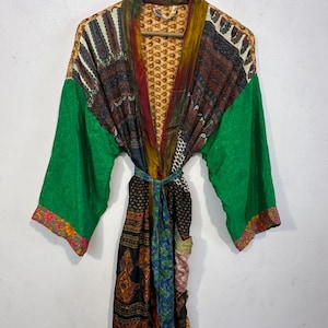 Kimono in seta patchwork Sari: seta riciclata Boho, tasche