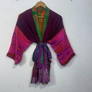 Soft Fabric Comfortable Short Kimono Robe. - Bohemian Handmade Tie Dye Crepe Bathrobe – Bridesmaid Crepe Silk Short Kimono Robe -