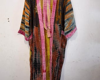 Handmade Tie Dye Silk Kimono, Bohemian Beach Robe