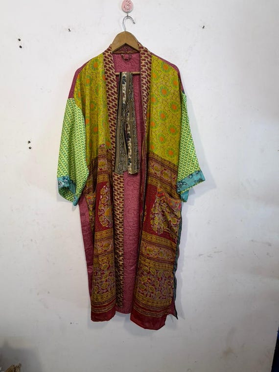Patchwork Saree Silk Kimono Robe: Boho Cocktail Cardigan with Pockets