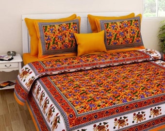King Size Bed sheet With Pillow Covers Rajasthani Traditional Floral Bedspread 