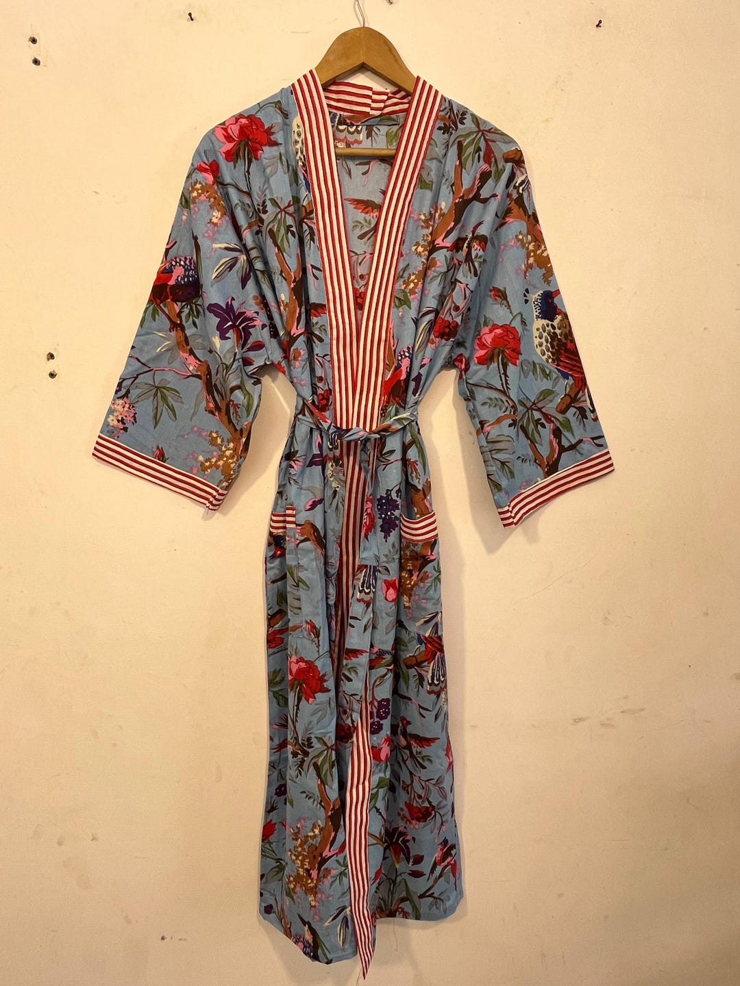 Hand Made Robe Handmade Printed Cotton Kimono Robe – Bohemian Birds and Floral Print ...