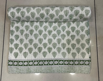 Green Leaf Printed Cotton Kantha Quilt: Bohemian Blanket Throw