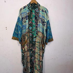 Floral Print Silk Sari Kimono Robe: Patchwork Funky Style, S-XXL