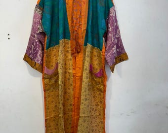 Albornoz de noche para mujer, cómodo y relajado, bata de baño tipo kimono largo con diseño de patchwork para dama de honor, bata de seda pura con estampado floral bohemio.