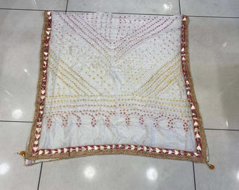 Bohemian Bandhani Dupatta: White Art Silk Scarf with Gotta Patti Border