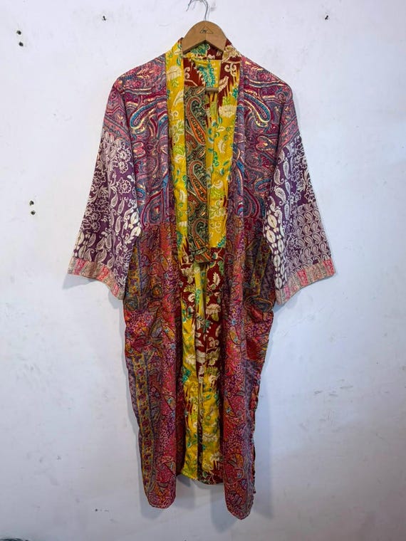 Bohemian Silk Kimono Robe, Patchwork Hippie Boho Dressing Gown