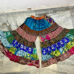 Handmade Silk Patchwork Palazzo Pants, Bohemian Wide Leg Trousers