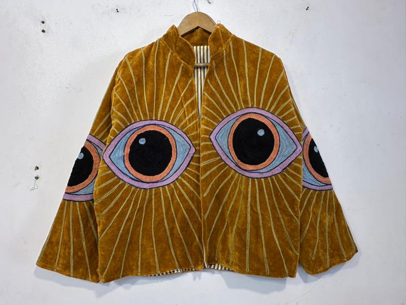 Evil Eye Threads Work Velvet Suzani Jacket For Men And Women's - Boho Hippie Style Handmade Embroidery Work Partywear Jacket - image 6