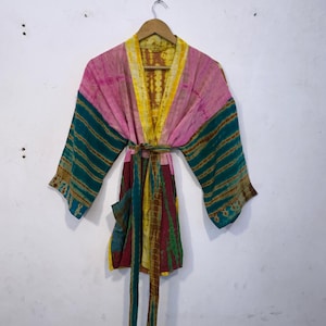 Boho Hippie Women Beach Cover up, Bridesmaid Crepe Silk Short Kimono Robe, Bohemian Beautiful Design Tie Dye Crepe Silk Fabric Kimono Robe,