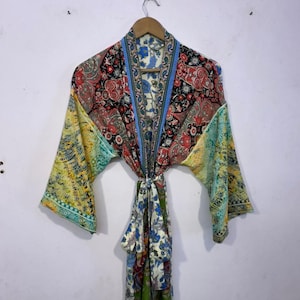 Boho Patchwork Silk Saree Kimono Robe: Hippie Loungewear