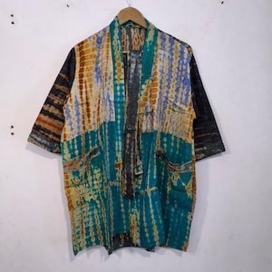 Tie Dye Silk Patchwork Kimono: Boho Hippie Short Bathrobe