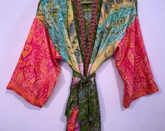 Boho Patchwork Silk Saree Kimono Robe: Recycled Sari Loungewear