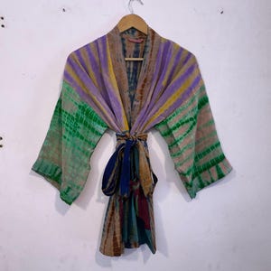 Bridesmaid Crepe Silk Short Kimono Robe - Bohemian Handmade Tie Dye Crepe Bathrobe – Soft Fabric Comfortable Short Kimono Robe.