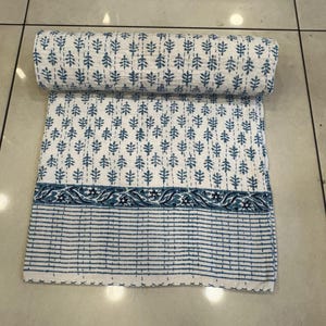 Pure Soft Cotton Indian Floral Print Reversible Kantha Quilt, Block Print Hand Stitched Kantha Quilt, Indian Beautiful Kantha Quilt Throw.