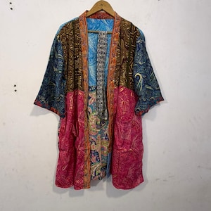 Boho Floral Printed Kimono Robe - Boho Silk Kimono Jacket For Women's - Comfortable Lightweight Hippie Summer Wrap And Patchwork Jacket -