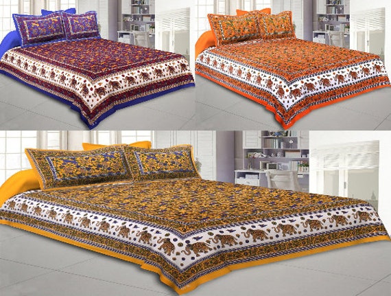 Indian Mandala Rajasthani Queen Size Cotton Bed Sheet with 2 Pillow Covers