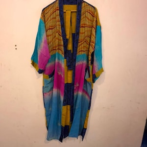 Recycled Crepe Silk Saree Patchwork Kimono Robe – Bohemian Summer Nightwear Long Front Open One Size Bathrobe - Relaxed Feel Women's Robe -