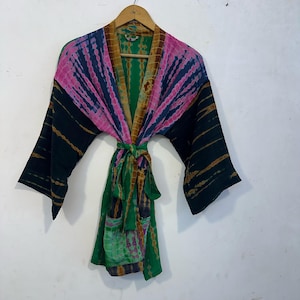 Crepe Silk Fabric Tie Dye Short Kimono / Bohemian Beautiful Tie Dye Patchwork Kimono Robe / Bridesmaid Front Open Beach Party Bikini CoverUp