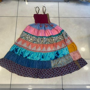 Handmade Recycled Silk Patchwork Maxi Skirt: Boho Tiered Dress