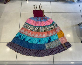 Handmade Recycled Silk Patchwork Maxi Skirt: Boho Tiered Dress