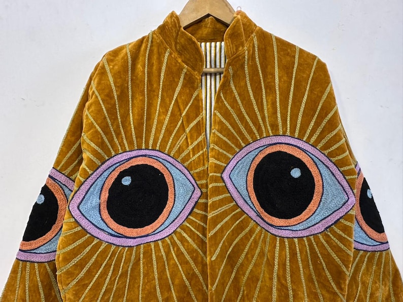 Evil Eye Threads Work Velvet Suzani Jacket For Men And Women's - Boho Hippie Style Handmade Embroidery Work Partywear Jacket - image 4