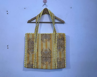 Bolso de mano acolchado de algodón con estampado de tigre - Bolso de hombro hecho a mano, bolso grande con estampado animal - Bolso acolchado de algodón, bolso de viaje para mujer -