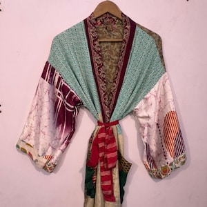 Floral Print Silk Sari Kimono Robe: Patchwork Funky Style, S-XXL